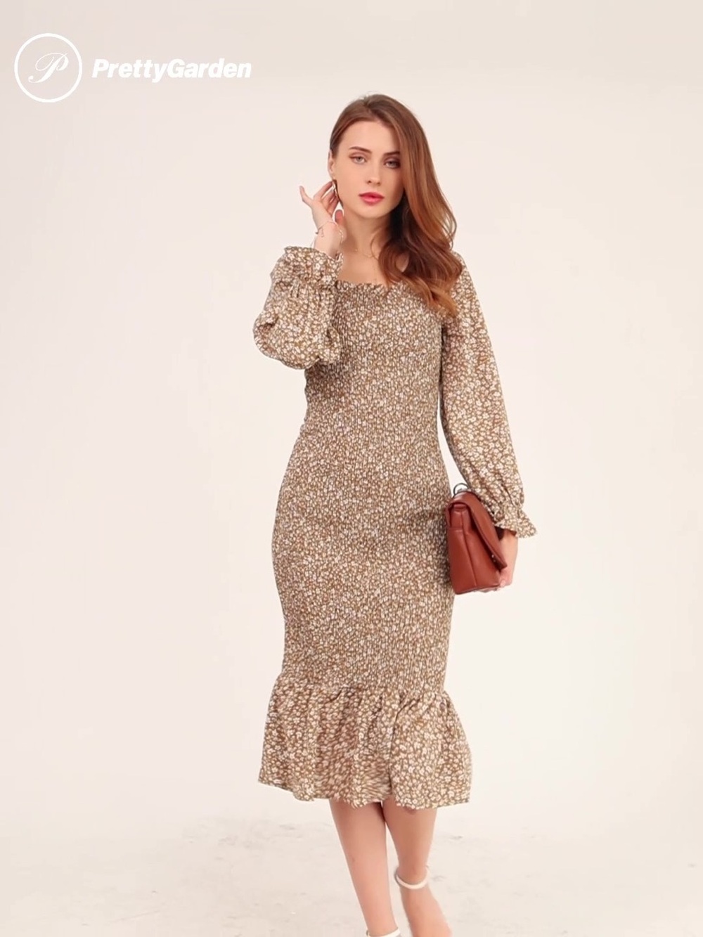 Pretty Garden Size S Long Puff Sleeve Floral Midi Bodycon Dress Smoked